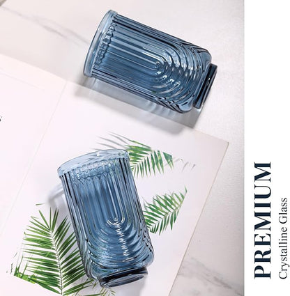 Blue Vintage Drinking Glasses Set of 6-17oz Hand-Blown Highball Ribbed Glassware - Image 7