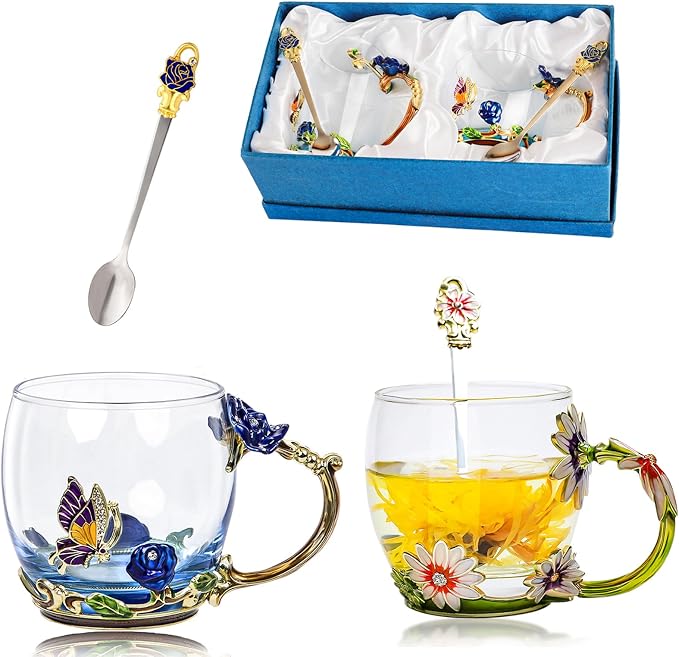 Tea Cup Glass Coffee Mugs, Fancy Tea Cup Set Birthday Christmas Valentine's Day by DUMVOIN