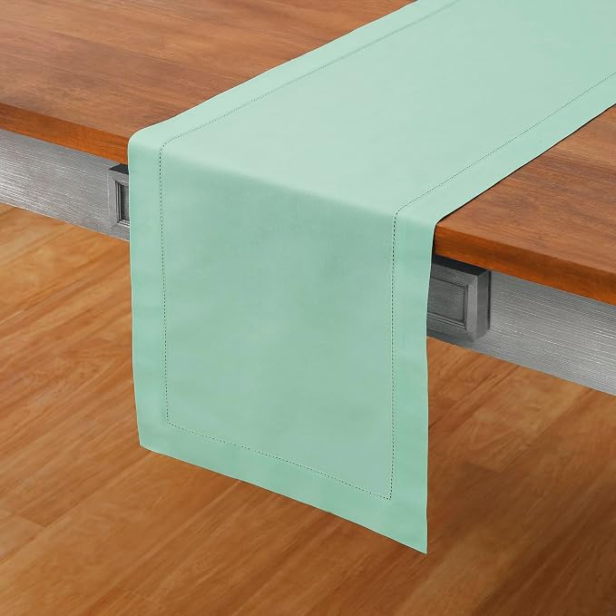 Solino Home Cotton Linen Dining Table Runner Aqua Hemstitch, 14 x 108 in | - Image 2