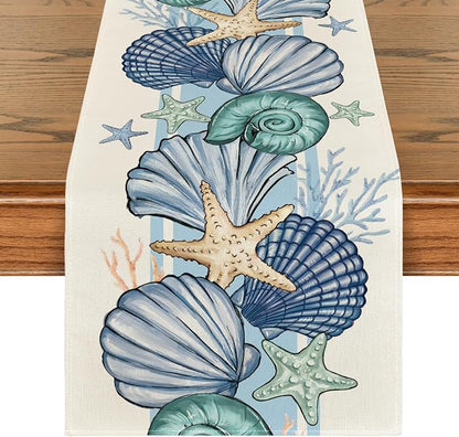 Artoid Mode Sea Shell Starfish Summer Table Runner, Spring Ocean Kitchen Dining by ArtoidMode