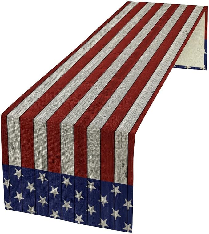 American Flag Table Runner, 4th of July USA Rustic Vintage Wooden Blue Red by JanJCurt