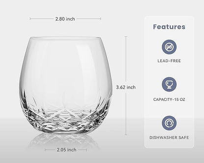 SHOSHIN Hand Cut Stemless Wine Glasses Lead-free Crystal Drinking Glass (15 Oz, Set of 4)
