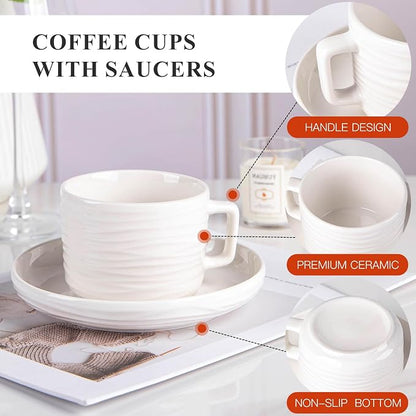 Tea Cups and Saucers Set, 8 OZ White Porcelain Coffee Cups | British Tea Set of - Image 5