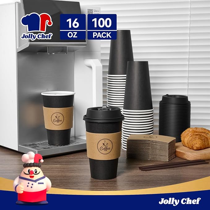 JOLLY CHEF 16 oz Coffee Cups-100 Pack, Disposable Black Hot Paper Cups - Image 4