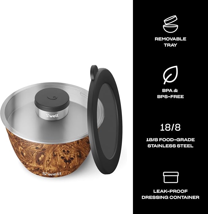 S’well Stainless Steel 64oz Salad Bowl Kit, Teakwood Finish, Includes 2oz - Image 3