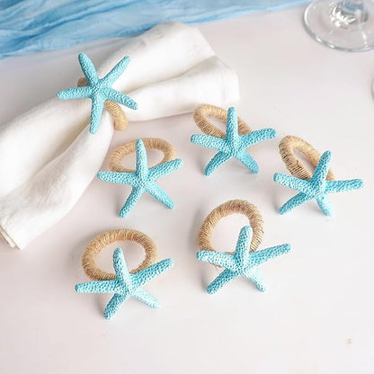 Starfish Napkin Rings Set of 6, Blue Sea Star Napkin Ring Holders for Crafts, Beach, Dinner Party, Wedding, Theme Party, Banquet, Nautical, Coastal Table Decor