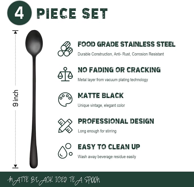 Hiware Matte Black 9-Inch Long Handle Iced Tea Spoons, Coffee Spoon, Ice Cream - Image 2