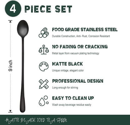 Hiware Matte Black 9-Inch Long Handle Iced Tea Spoons, Coffee Spoon, Ice Cream - Image 2