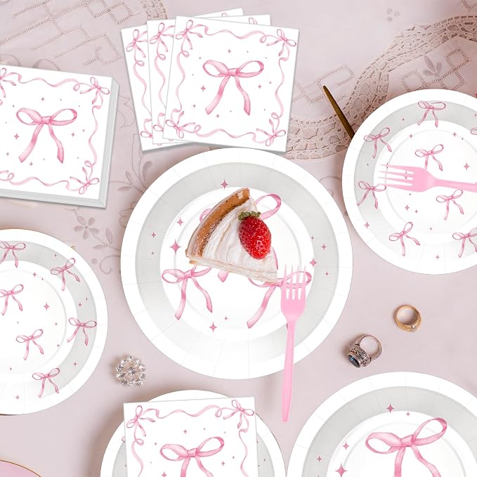 100 Pcs Pink Ribbon Bow Party Supplies Set, Serves 25 – Disposable Paper Plates - Image 6