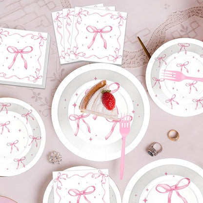 100 Pcs Pink Ribbon Bow Party Supplies Set, Serves 25 – Disposable Paper Plates - Image 6