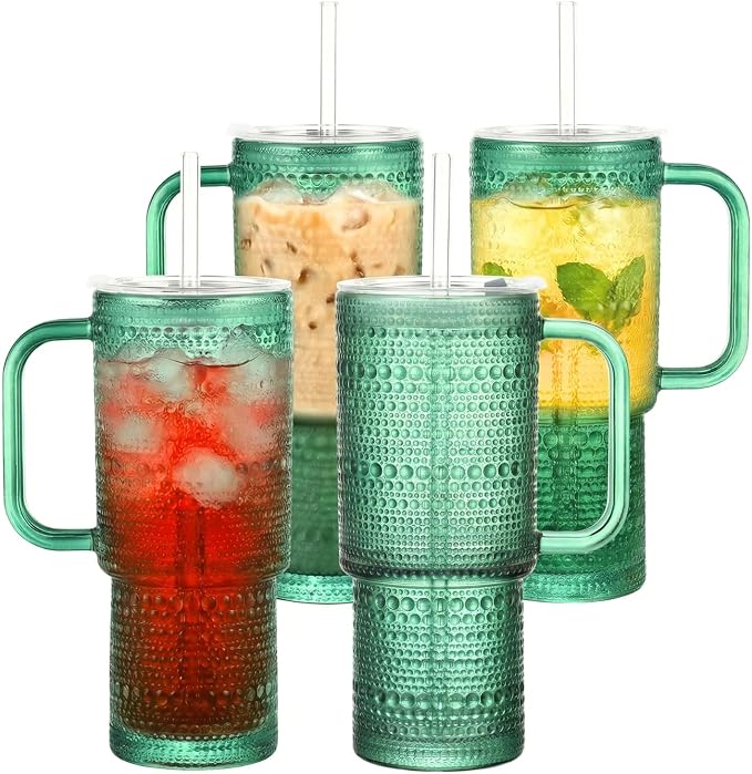 20 oz Green Glass Tumbler with Lid and Straw, Glass Iced Coffee Cups, by Unknown