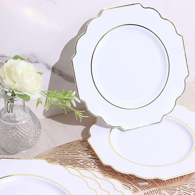 White Hard Plastic Dessert Plates, 50 Pack 8" Disposable Round Baroque Plates - Image 2
