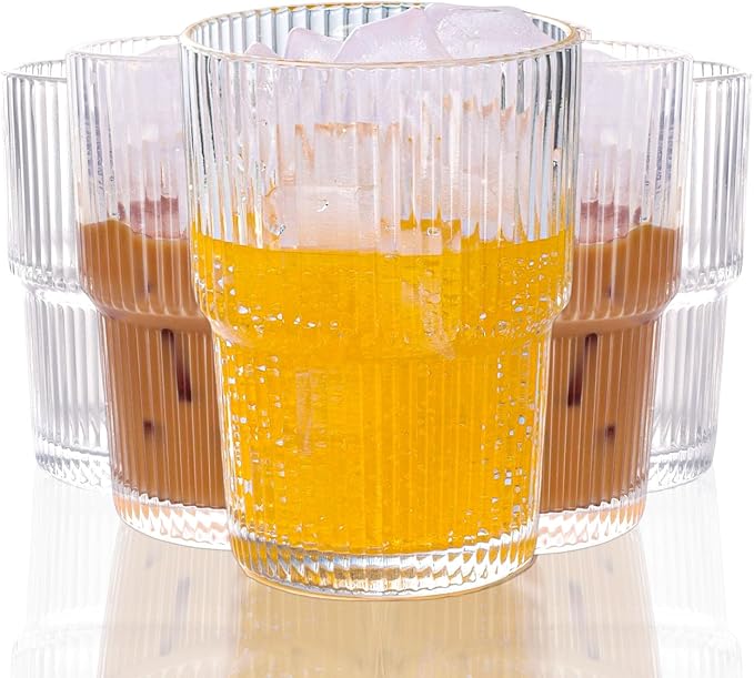 Set of 6 Cute Ribbed Glassware, 14oz Vintage Clear Glass Tumbler, Origami Style by WeirdUncle