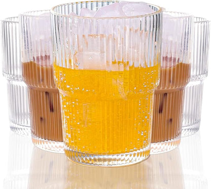 Set of 6 Cute Ribbed Glassware, 14oz Vintage Clear Glass Tumbler, Origami Style by WeirdUncle
