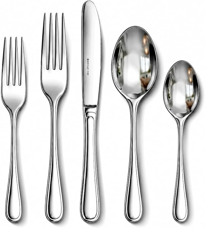 NICE KITCHEN Silverware Set for 12, 60 Piece Heavy Duty Cutlery Set | Mirror by Nice+Kitchen