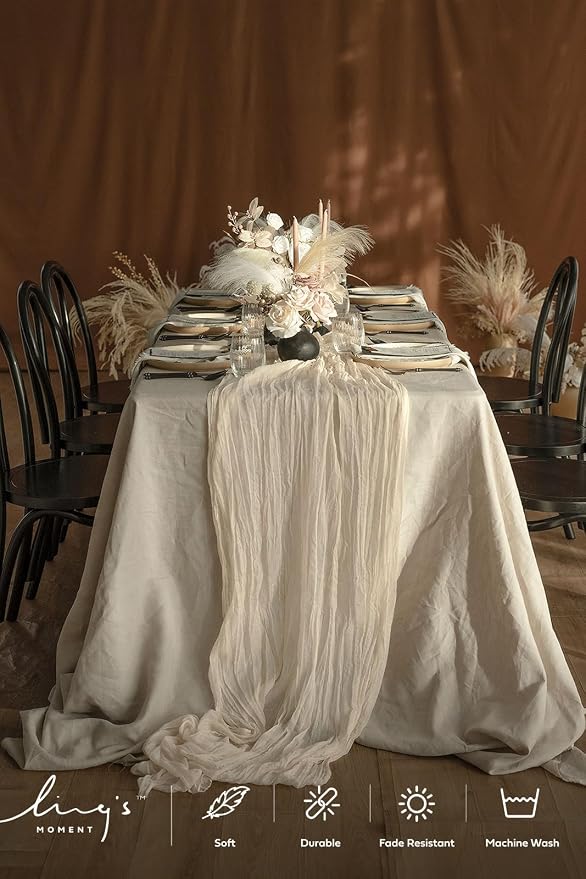 Ling's Moment Ivory Gauze Cheesecloth Table Runner, 14FT | Beige Sheer Cheese - Image 4