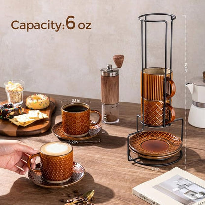 GBhome 6 OZ Stackable Coffee Mugs Set of 4, Ceramic Espresso Coffee Cups | - Image 2