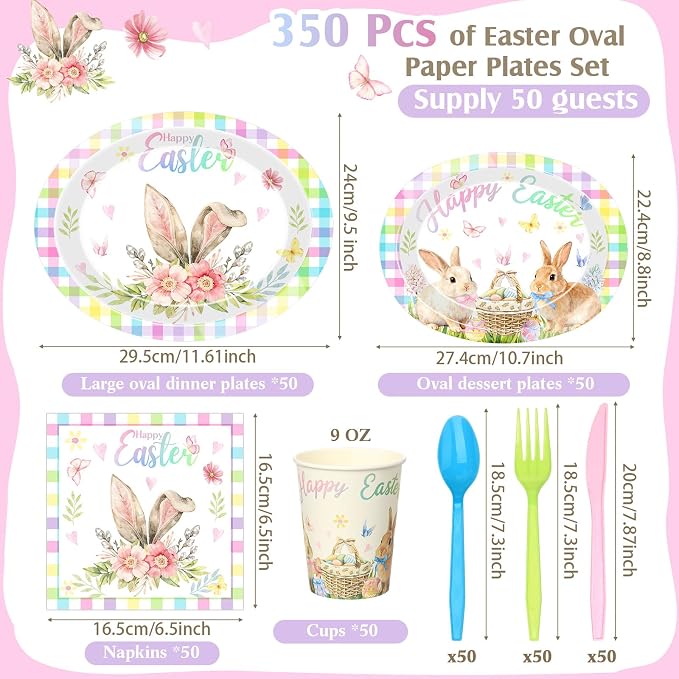 350 Pcs Easter Plates Set Bunny Birthday Decorations - Image 3