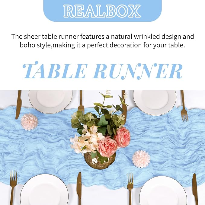 3 Pack Baby Blue Cheesecloth Table Runner 17x108 Inch Semi Sheer Boho Gauze - Image 4