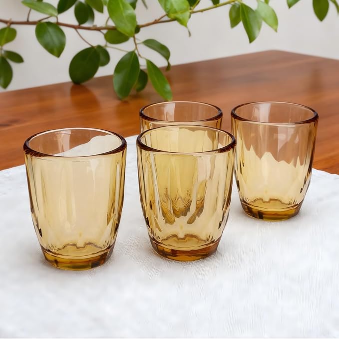 Smartest Lock Amber Glass Drinking Cups, 9.4 oz, Set of 4, Diamond Pattern