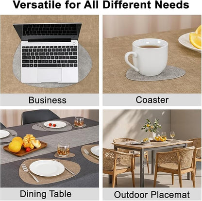 Placemats and Coasters, Washable Placemats Round Faux Leather Wipeable Place Mats Non Slip Heat Resistant Indoor Outdoor Table Mats (Set of 6, Light Gray Beige)