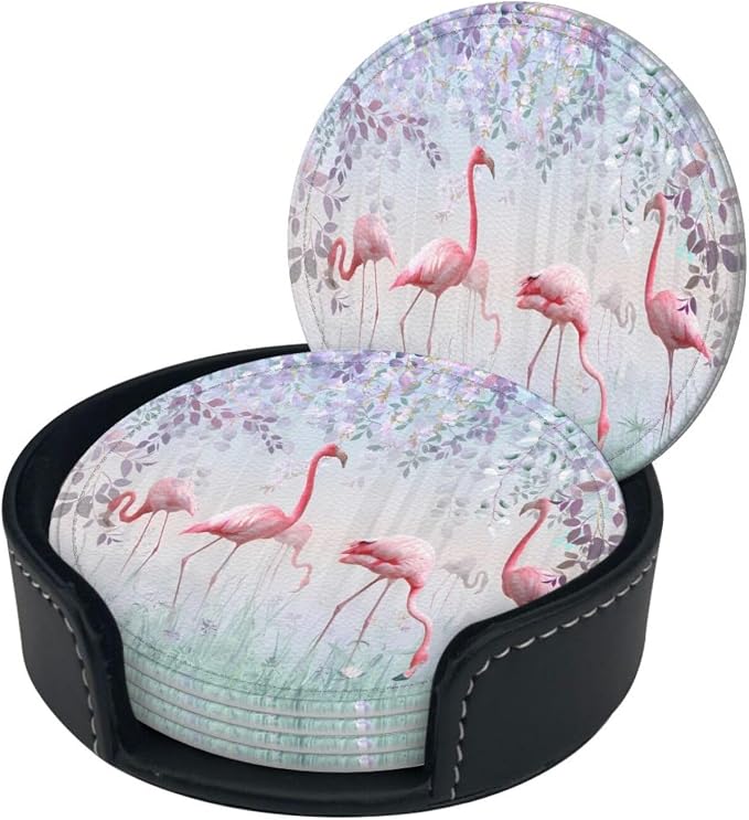 6 Pcs Pink Cute Flamingo Modern Art Boho Leather Coasters - Image 2