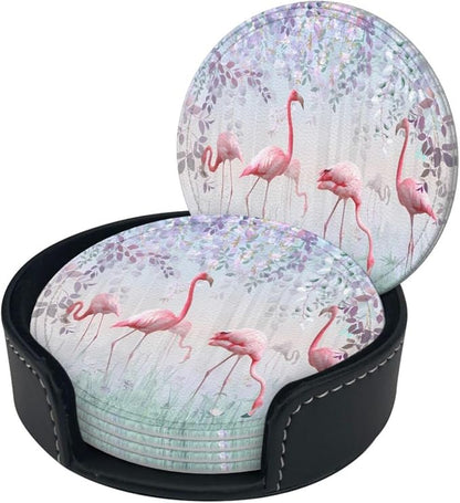 6 Pcs Pink Cute Flamingo Modern Art Boho Leather Coasters - Image 2