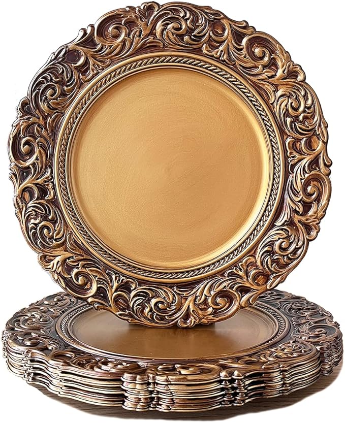 Antique Gold Charger Plates, 13 Inch Dinner Plate Chargers Round Server Ware. by Umisriro