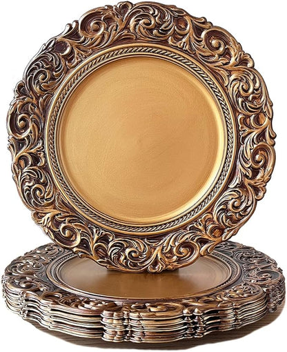 Antique Gold Charger Plates, 13 Inch Dinner Plate Chargers Round Server Ware. by Umisriro