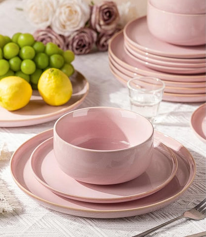 TheTerra Ceramic Dinnerware Sets for 4, 12 Pieces Handmade Reactive Glaze Plates and Bowls Set, Scratch Resistant Dish Set, Oven & Microwave & Dishwasher Safe, Sakura Pink