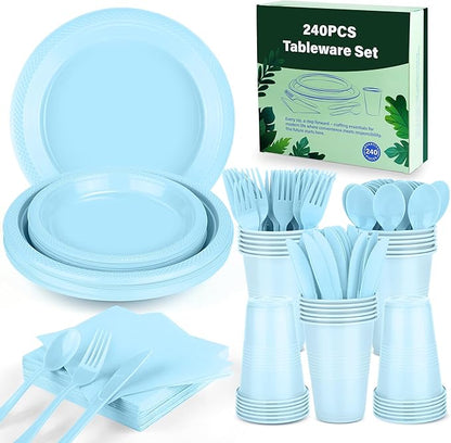 Kochorie 240 Pieces Light Blue Plastic Dinnerware Set Disposable Heavy Duty Plates Napkins Cups Silverware Dessert Dinner Plates for Birthday Wedding Baby Shower Party Supplies, Serves 30 Guests