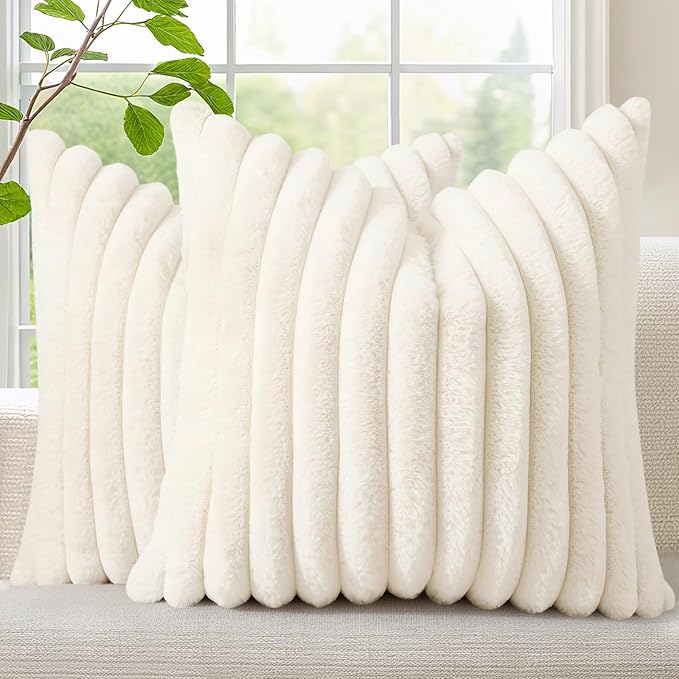 decorUhome Cozy Faux Fur Throw Pillow Covers 22x22 Set of 2 Decorative Soft Plush Striped Modern Farmhouse Boho Couch Euro Sham Pillow Cases with Velvet Back for Sofa Bed Living Room, Cream White