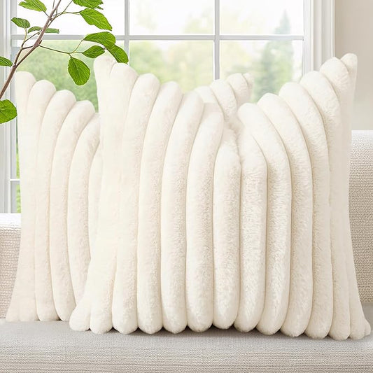 decorUhome Cozy Faux Fur Throw Pillow Covers 22x22 Set of 2 Decorative Soft Plush Striped Modern Farmhouse Boho Couch Euro Sham Pillow Cases with Velvet Back for Sofa Bed Living Room, Cream White