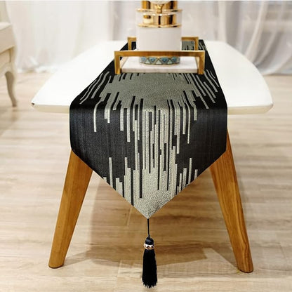 Elegant Black Table Runner, Modern Abstract Geometric, Tassels | Table Runners - Image 4