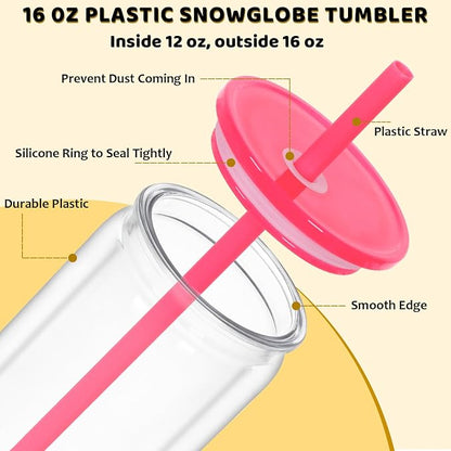 16 Oz Plastic Snowglobe Tumbler, 8 Pack Pre-Drilled Double Wall Plastic Clear - Image 2