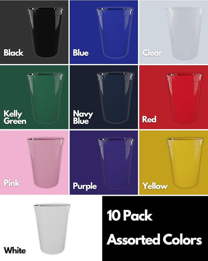 PartyPrints 10 Pack 16 oz Assorted Reusable Blank Plastic Cups, Stadium Cups - Image 2
