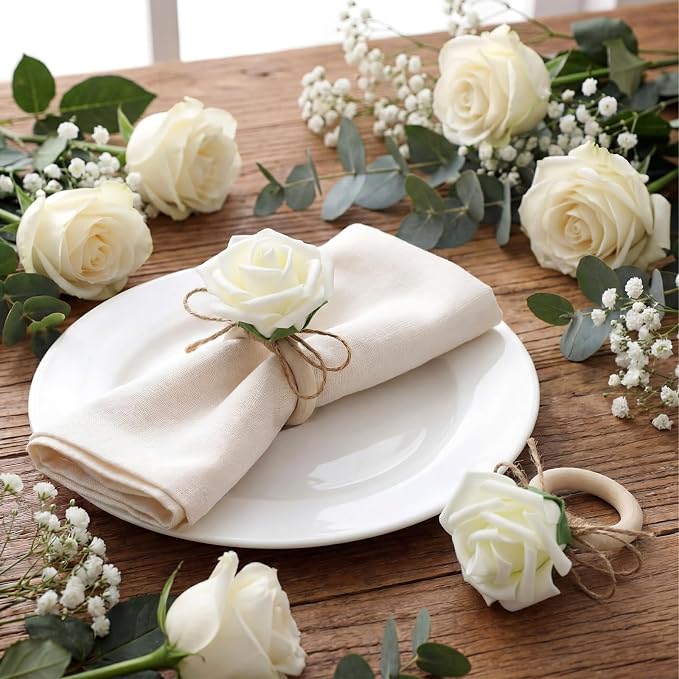 Flower Napkin Rings Set of 12 Wooden White Rose Handmade Napkin Holders - Image 3