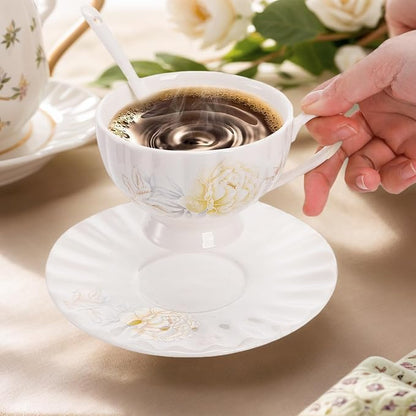 WRINGKIT Tea Cups and Saucers Set of 6, 7 Oz, Microwave Safe | Elegant - Image 8
