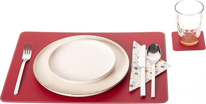 Nikalaz Set of Red Placemats and Coasters, 4 Table Mats and 4 Coasters, Recycled Leather, Place Mats 18'' x 13'' and Coasters 3.9'' x 3.9''