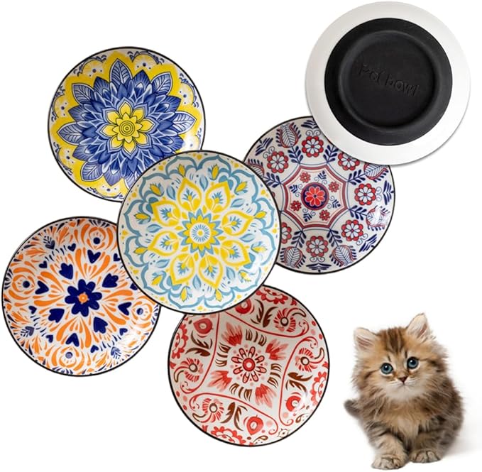 Non-Slip Cat Bowls, Ceramic Wide Pet Food Bowl Set for Relief Whisker Fatigue, 6 Pack Colorful Kitten Feeding Dishes Plates with Anti-Slip Silicone Base-Microwave and Dishwasher Safe, 8.5 oz
