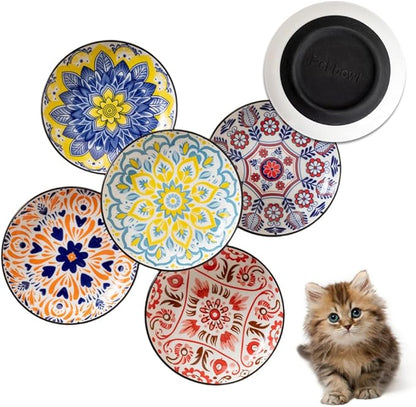 Non-Slip Cat Bowls, Ceramic Wide Pet Food Bowl Set for Relief Whisker Fatigue, 6 Pack Colorful Kitten Feeding Dishes Plates with Anti-Slip Silicone Base-Microwave and Dishwasher Safe, 8.5 oz