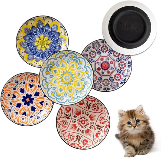 Non-Slip Cat Bowls, Ceramic Wide Pet Food Bowl Set for Relief Whisker Fatigue, 6 Pack Colorful Kitten Feeding Dishes Plates with Anti-Slip Silicone Base-Microwave and Dishwasher Safe, 8.5 oz
