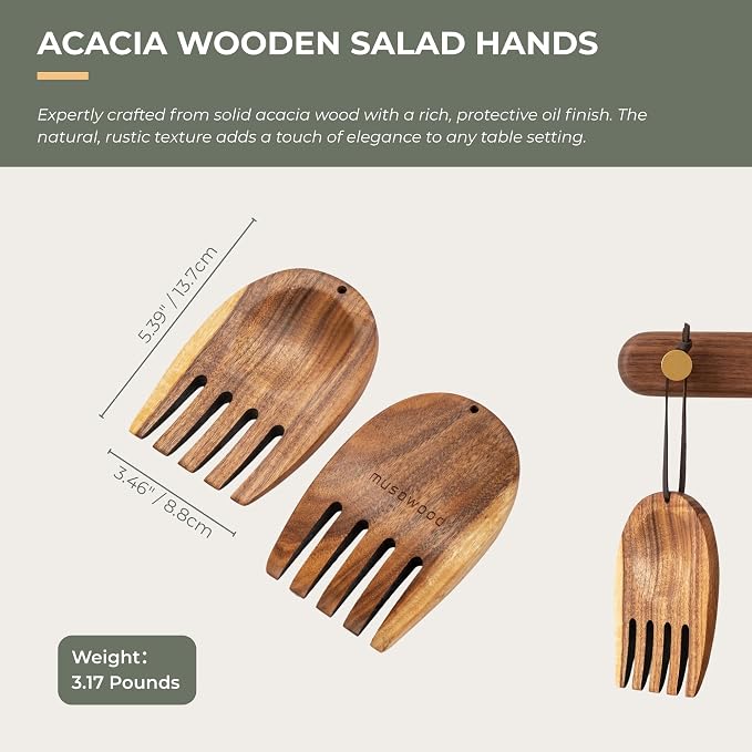 muso eood Acacia Salad Hands, Wooden Salad Tongs, 1 Pair | - Image 7