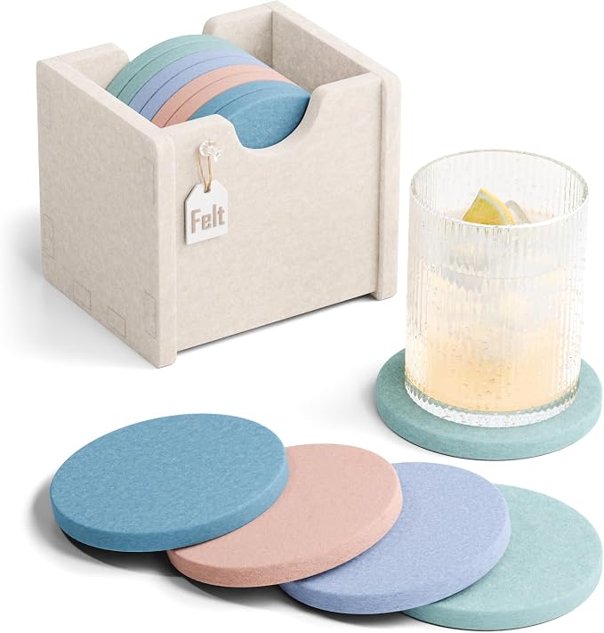 Fluxynara Felt Coasters with Holder, Coastal Haze | Round Felt Coasters by FLUXYNARA