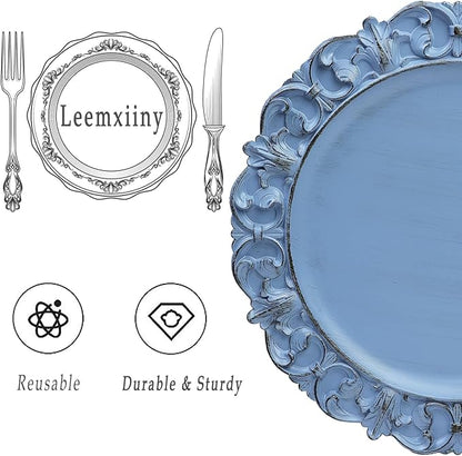 13" Antique Blue Charger Plates, Set of 6 Plastic Textured Chargers for Dinner Plates with Embossed Rim, Table Décor, Party, Wedding, Holiday