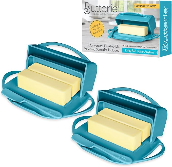 Flip Top Butter Dish with Attached Lid & Matching Knife, 2 Pack by Butterie