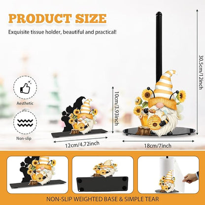 Sunflower Gnome Paper Towel Holder, Gnome Honey Bees Countertop Kitchen Decor Indoor with Round Base, Gnomes Lover Gifts, Iron Gnomes Napkin Holder Stand Accessories for Bathroom Kitchen Dining, 2 PCS