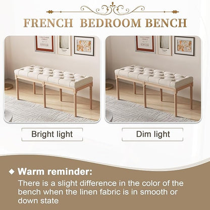 Bonzy Home 47” Bedroom Bench,French Vintage Tufted Entryway Benches Upholstered Dining Benches with Cushion,Linen Fabric End of Bed Bench for Bedroom Living Room Entryway,Beige