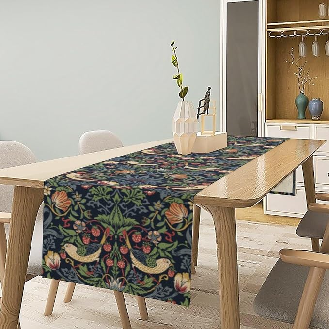 William Morris Blue Strawberry Thief Floral Table Runner Vintage Botanical - Image 2