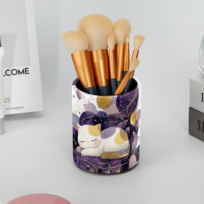 Leather Pen Holder for Desk, Space Cat Pencil Cup Pen Organizer Makeup Brush - Image 6